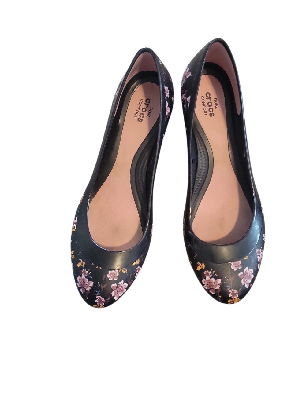Crocs Women's Black Floral Wedge Comfort Streetwear Ballet Flats W7